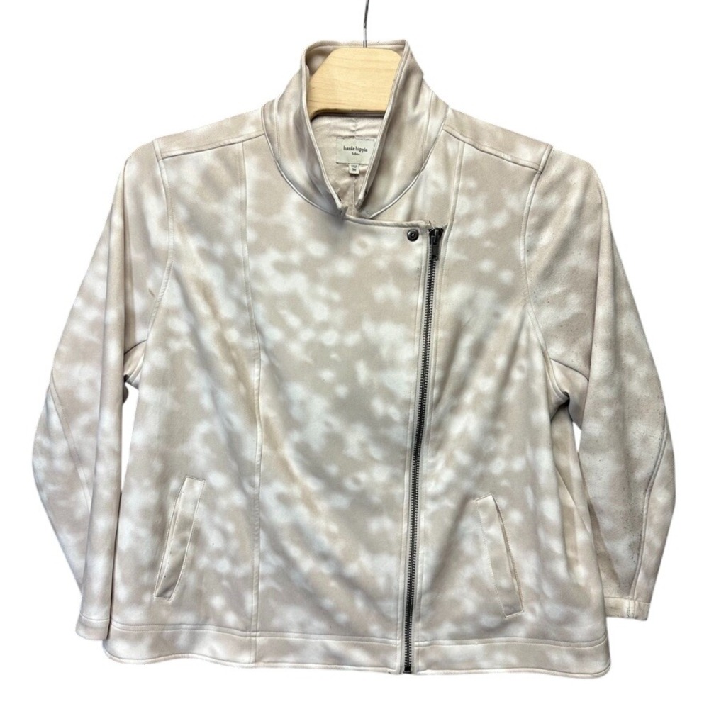 Haute Hippie Tribe Womens 3X Faux Suede Moto Jacket Beige Printed Asymmetric Zip